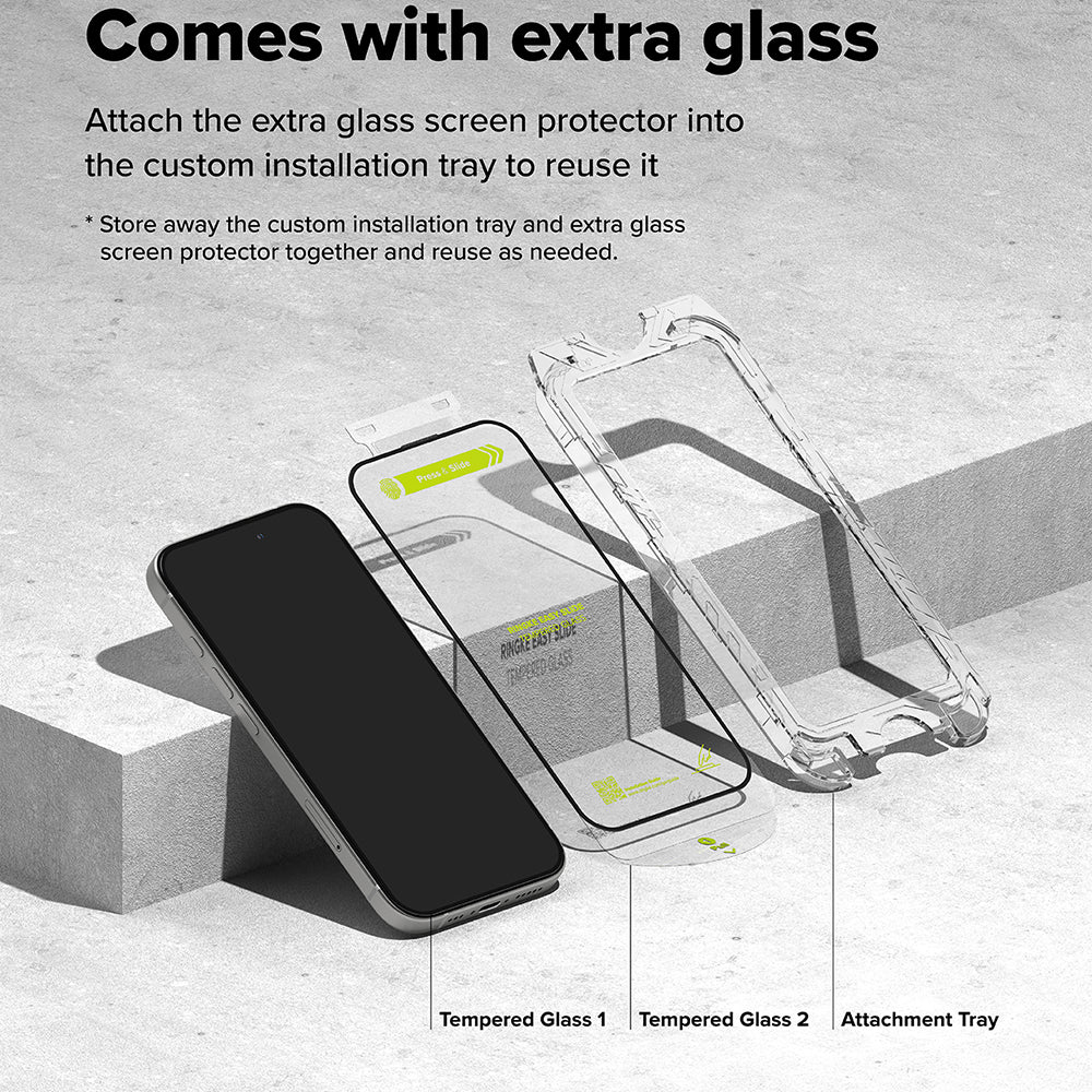 Folie de protectie Ecran Ringke Easy Slide pentru Apple iPhone 16 / 15, Sticla Securizata, Full Glue, Set 2 bucati, Neagra