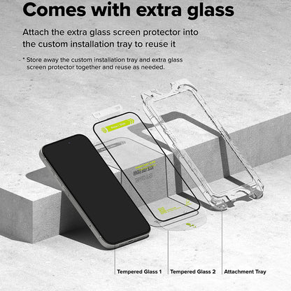 Folie de protectie Ecran Ringke Easy Slide pentru Apple iPhone 16 / 15, Sticla Securizata, Full Glue, Set 2 bucati, Neagra