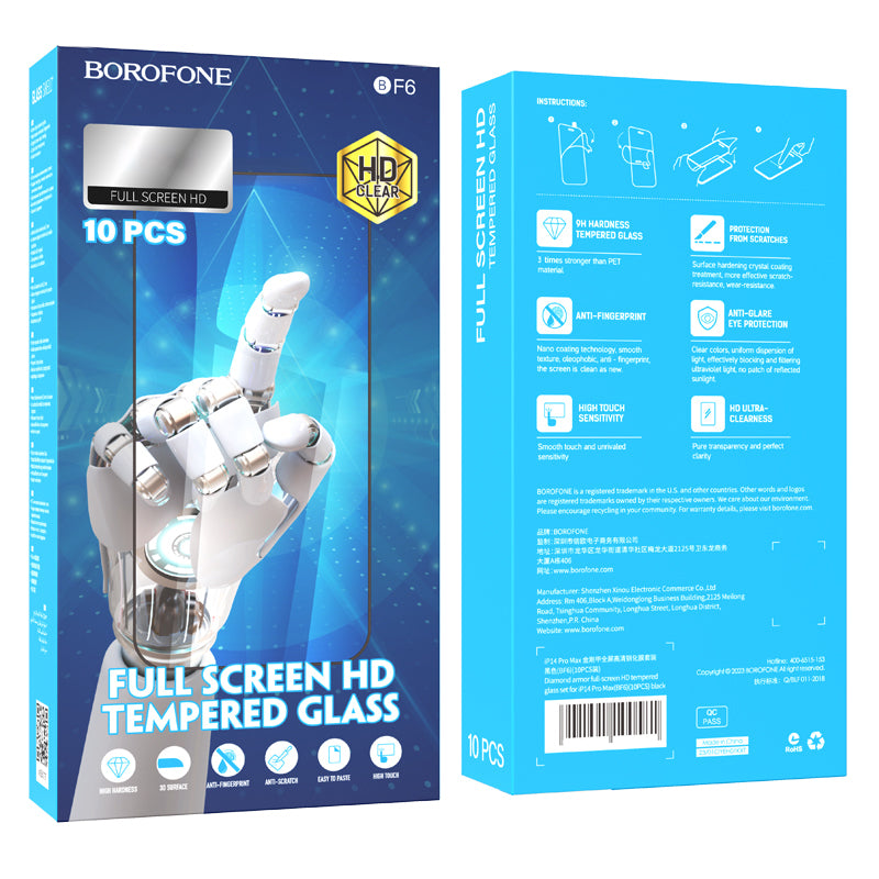 Folie de protectie Ecran Borofone BF6 Diamond Armor pentru Apple iPhone 14 Pro, Sticla Securizata, Full Glue, Set 10 bucati, Neagra