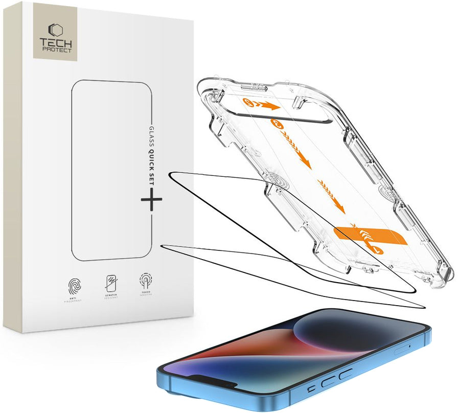 Folie de protectie Ecran Tech-Protect Quick Set+ pentru Apple iPhone 17e / 16e / 14 / 13 Pro, Sticla Securizata, Full Glue, Set 2 bucati, Neagra
