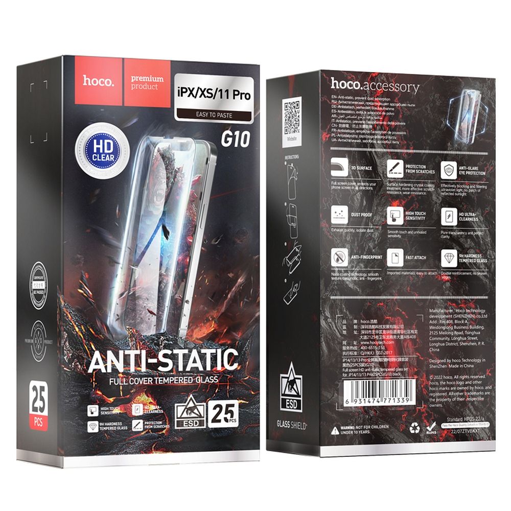 Folie de protectie Ecran HOCO pentru Apple iPhone 11 Pro / XS / X, Sticla Securizata, Full Glue, Set 25 bucati, Neagra