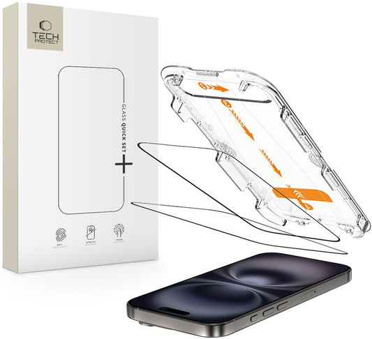Folie de protectie Ecran Tech-Protect Quick Set+ pentru Apple iPhone 16 / 15, Sticla Securizata, Full Glue, Set 2 bucati, Neagra