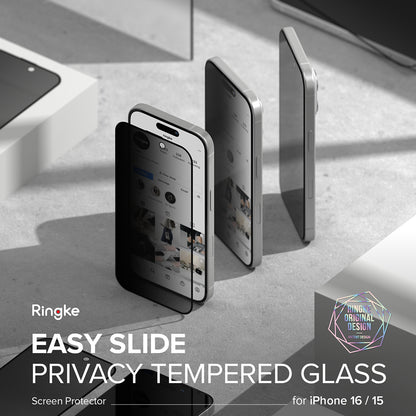 Folie de protectie Ecran Privacy Ringke Easy Slide pentru Apple iPhone 16 Pro Max, Sticla Securizata, Full Glue, Set 2 bucati