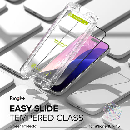 Folie de protectie Ecran Ringke Easy Slide pentru Apple iPhone 16 / 15, Sticla Securizata, Full Glue, Set 2 bucati, Neagra