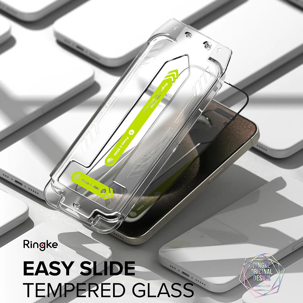 Folie de protectie Ecran Ringke Easy Slide pentru Apple iPhone 16 Pro, Sticla Securizata, Full Glue, Set 2 bucati, Neagra