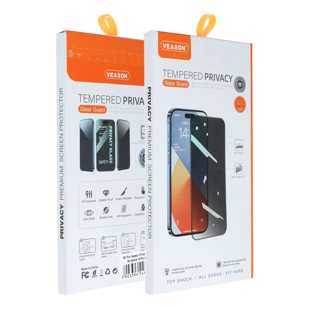 Folie de protectie Ecran Privacy Veason pentru Apple iPhone 14 / 13 Pro, Sticla Securizata, Full Glue, 6D