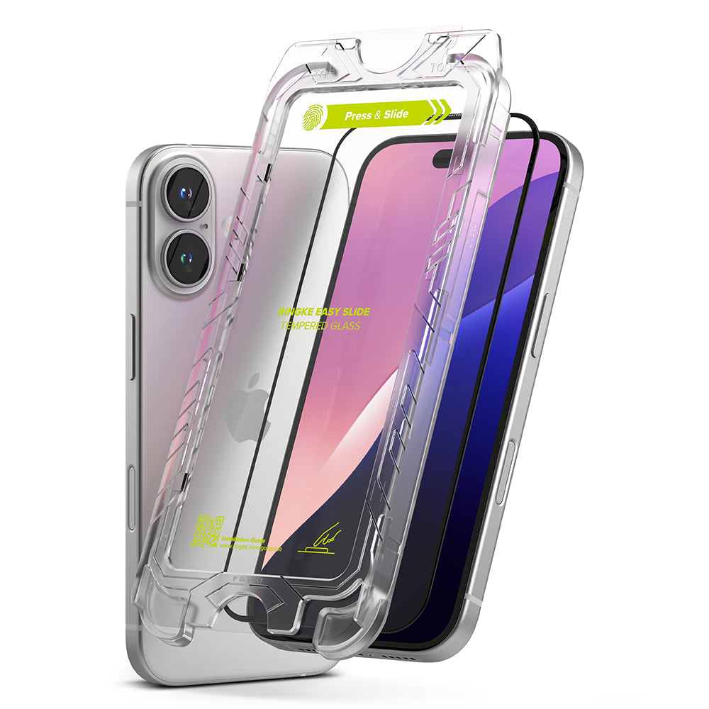 Folie de protectie Ecran Ringke Easy Slide pentru Apple iPhone 16 / 15, Sticla Securizata, Full Glue, Set 2 bucati, Neagra