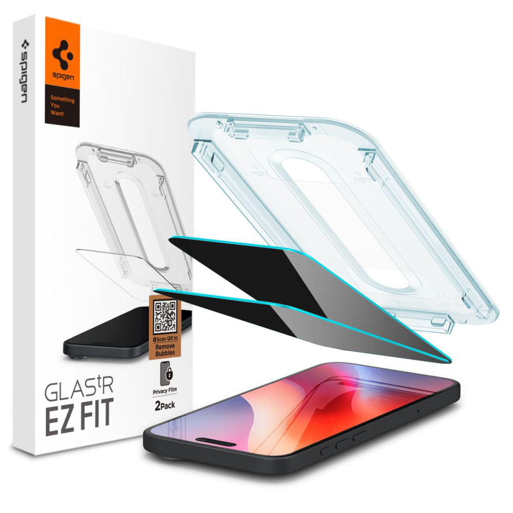 Folie de protectie Ecran Privacy Spigen GlastR EZ FIT pentru Apple iPhone 16 / 15, Sticla Securizata, Full Glue, Set 2 bucati