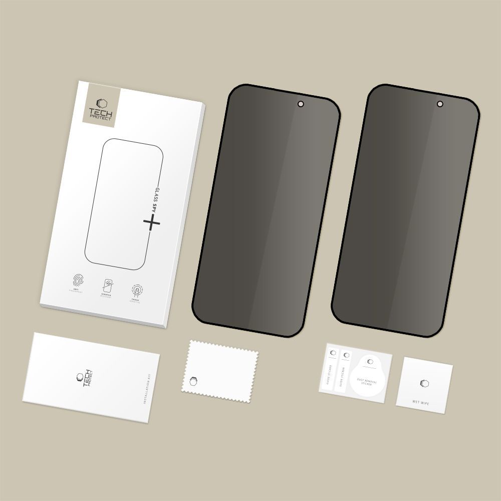 Folie de protectie Ecran Privacy Tech-Protect Spy+ pentru Apple iPhone 17 Pro Max / 16 Pro Max, Sticla Securizata, Full Glue, Set 2 bucati