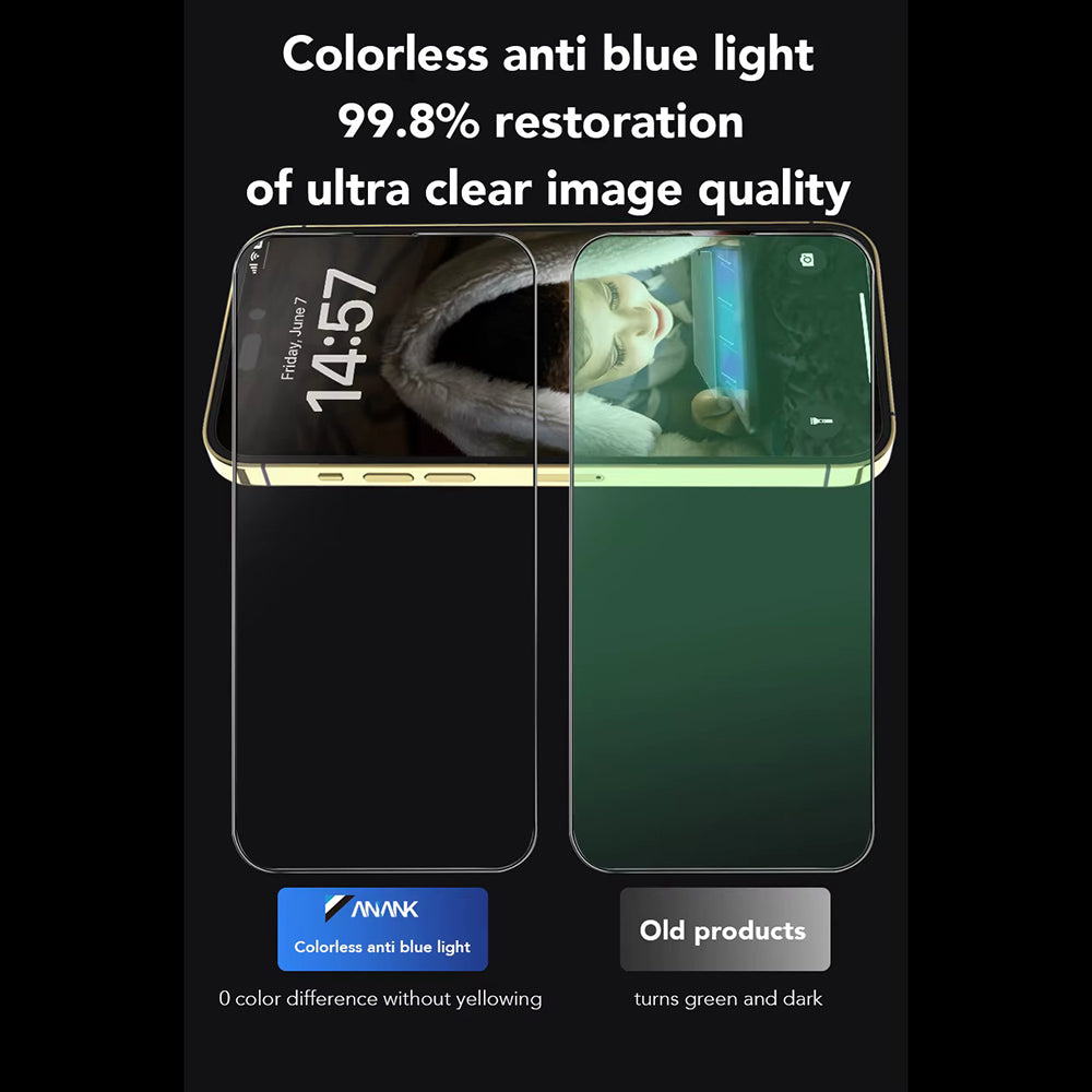 Folie de protectie Ecran Anti Blue Light Anank 3X Reinforced pentru Apple iPhone 16, Sticla Securizata, Full Glue, 2.5D, Neagra