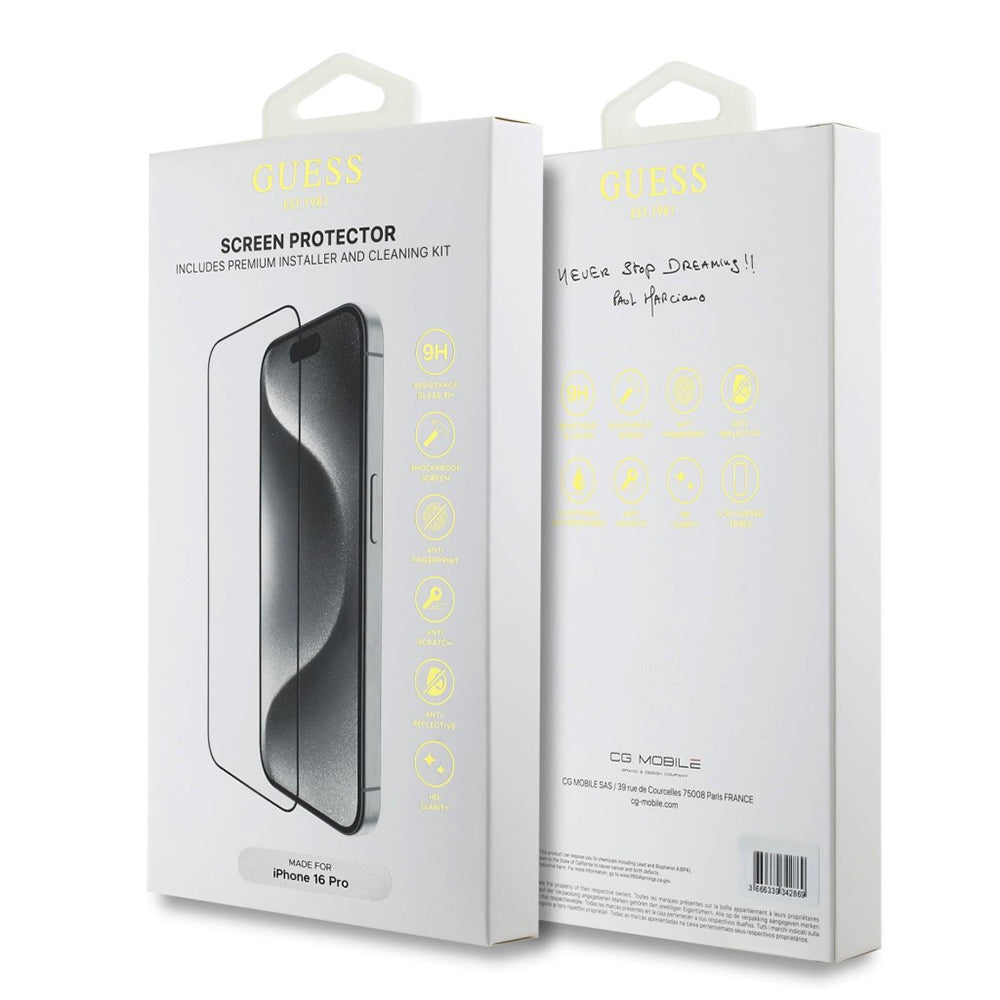 Folie de protectie Ecran Guess Classic Outline pentru Apple iPhone 16 Pro Max, Sticla Securizata, Full Glue, 2.5D, Neagra GUTGP16XBOKGCIT