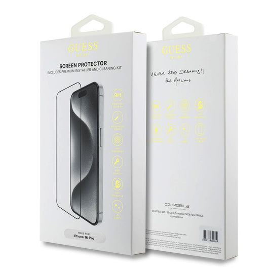 Folie de protectie Ecran Guess Classic Outline pentru Apple iPhone 16 Pro Max, Sticla Securizata, Full Glue, 2.5D, Neagra GUTGP16XBOKGCIT