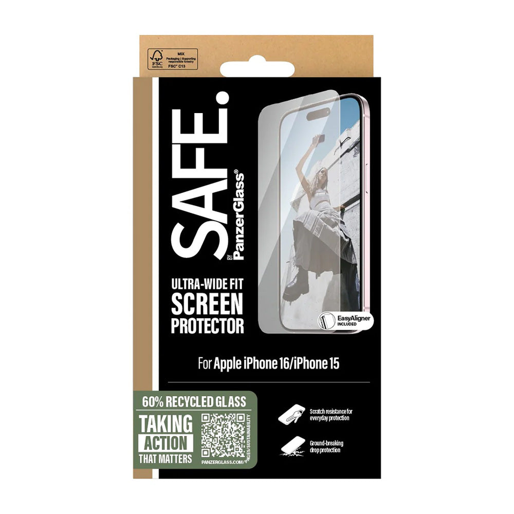 Folie de protectie Ecran PanzerGlass Safe. Ultra-Wide Fit pentru Apple iPhone 16 / 15, Sticla Securizata, Full Glue