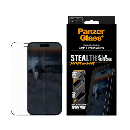 Folie de protectie Ecran PanzerGlass Ultra-Wide Fit Stealth Fastfit pentru Apple iPhone 17 / 16 Pro, Sticla Securizata, Full Glue, Neagra