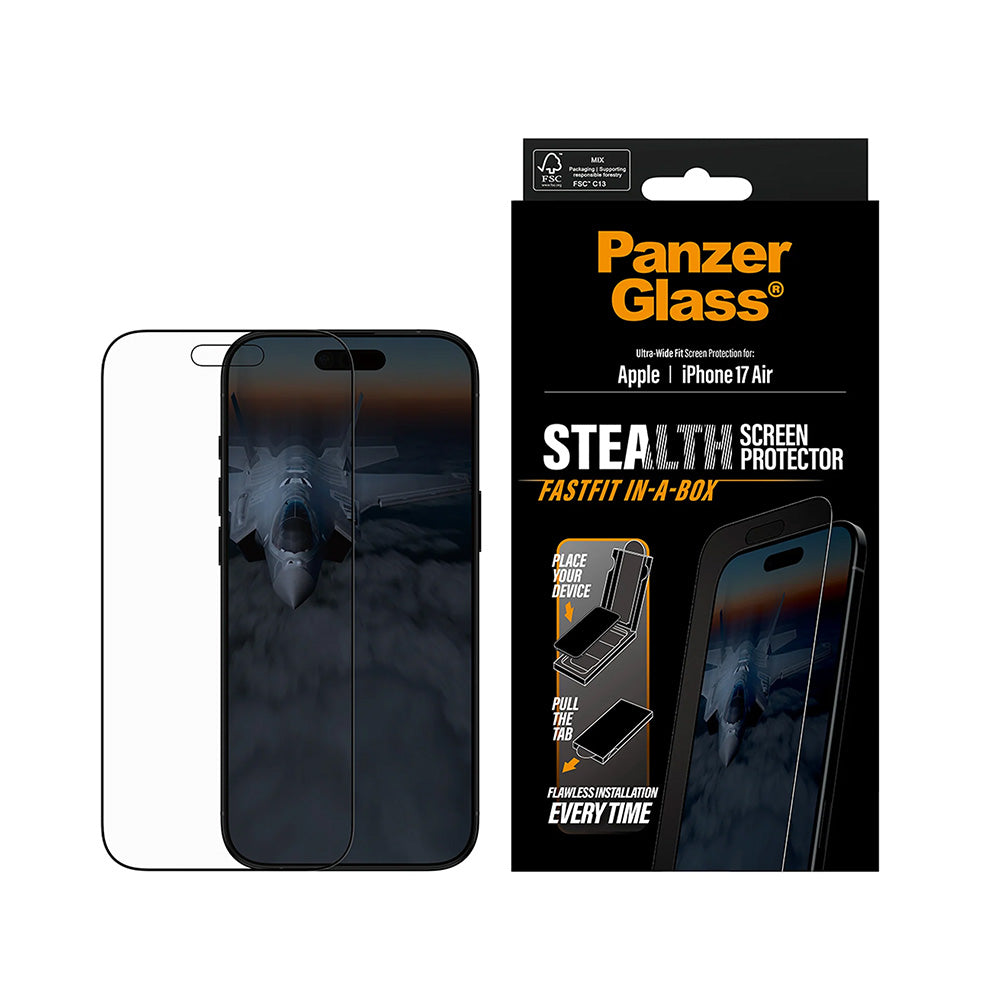 Folie de protectie Ecran PanzerGlass Ultra-Wide Fit Stealth Fastfit pentru Apple iPhone 17 Air, Sticla Securizata, Full Glue, Neagra