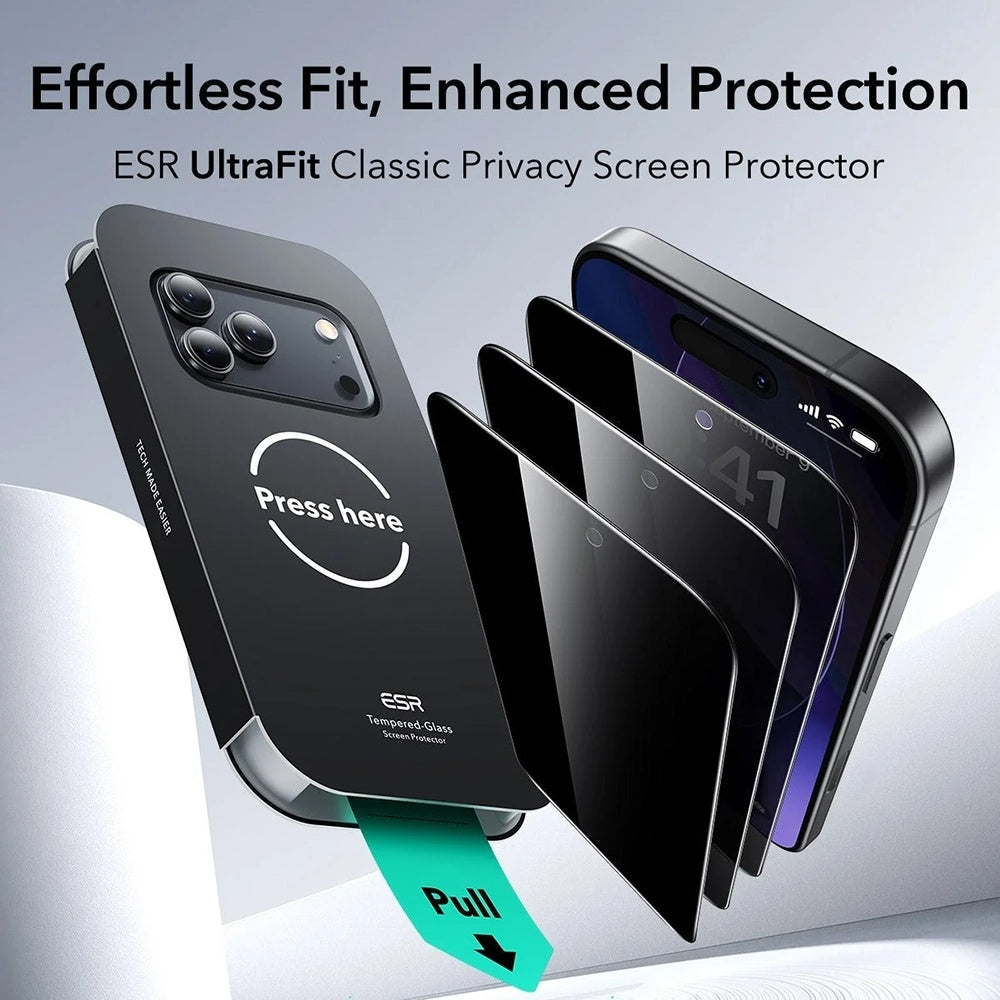 Folie de protectie Ecran Privacy ESR UltraFit Classic pentru Apple iPhone 18 Pro, Sticla Securizata, Full Glue, Set 3 bucati