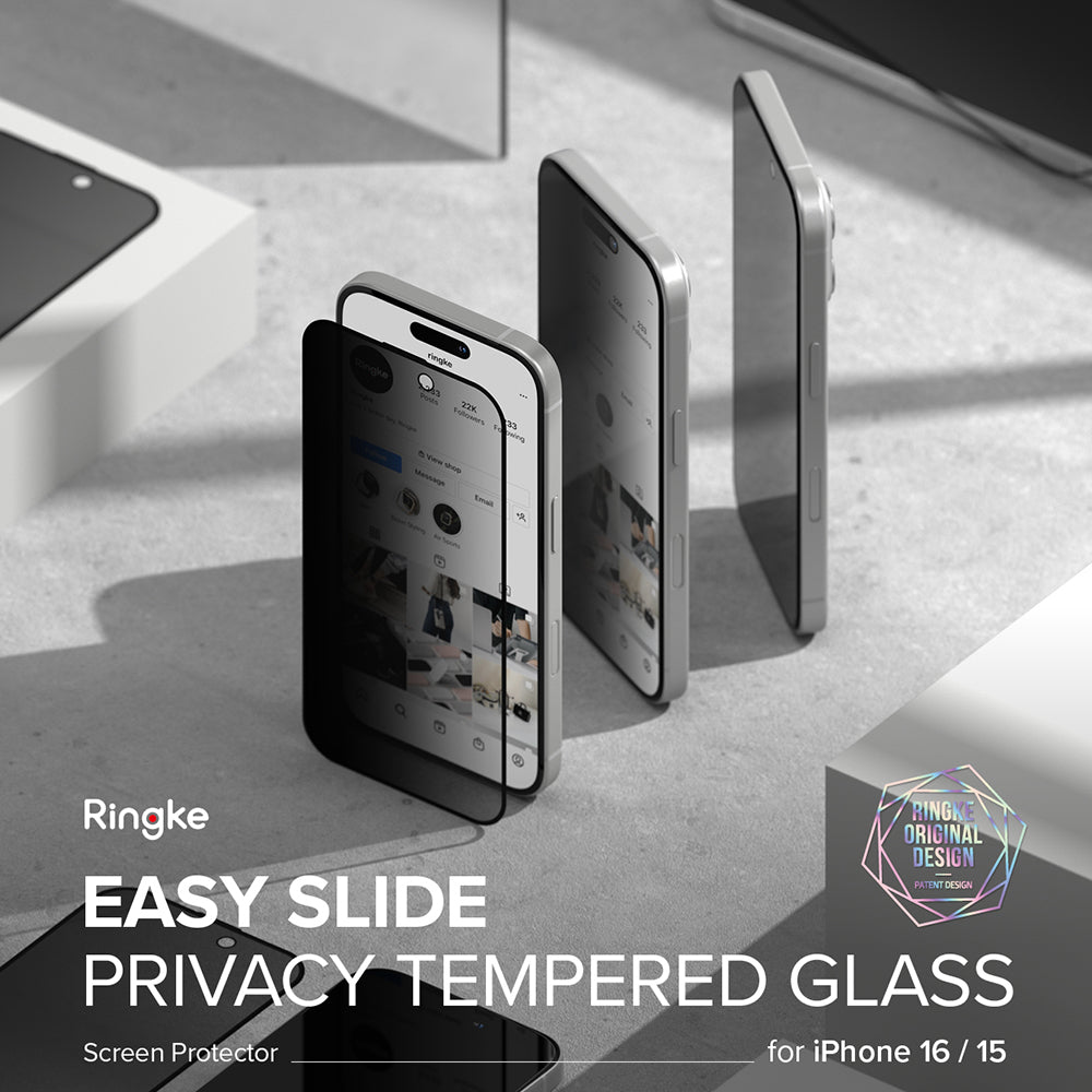 Folie de protectie Ecran Privacy Ringke Easy Slide pentru Apple iPhone 16 Plus / 15 Plus, Sticla Securizata, Full Glue, Set 2 bucati