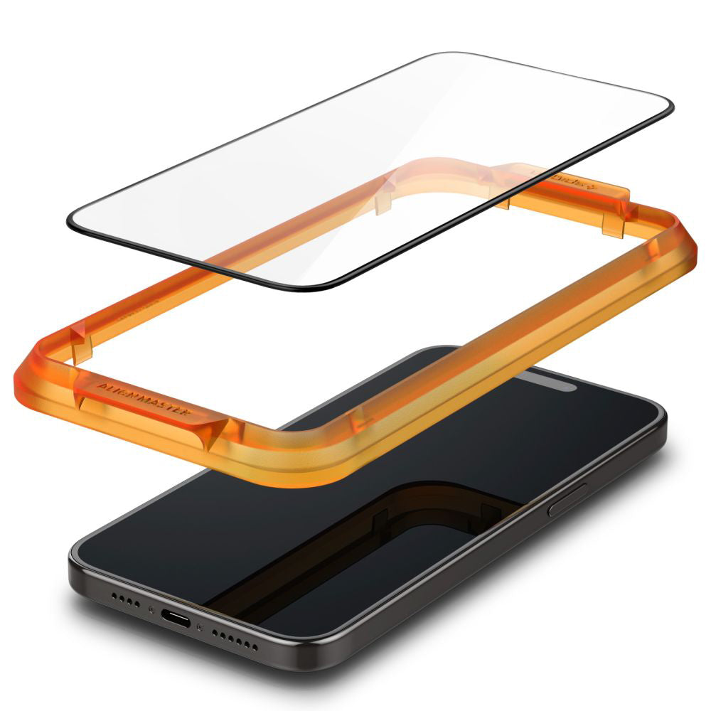 Folie de protectie Ecran Spigen GlastR Align Master pentru Apple iPhone 15 Plus, Sticla Securizata, Full Glue, Set 2 bucati, Neagra AGL06886