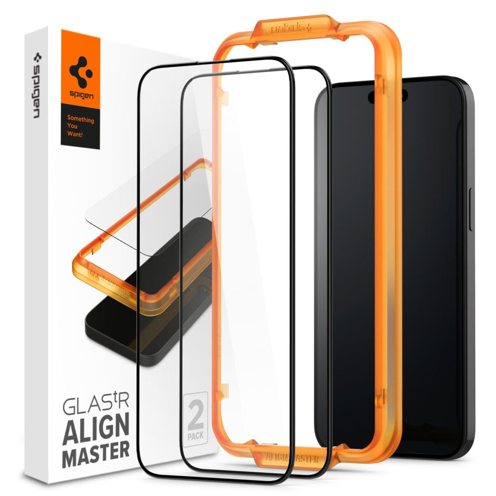 Folie de protectie Ecran Spigen GlastR Align Master pentru Apple iPhone 15, Sticla Securizata, Full Glue, Set 2 bucati, Neagra AGL06906
