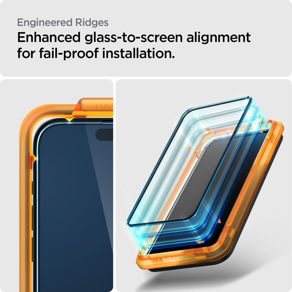 Folie de protectie Ecran Spigen GlastR Align Master pentru Apple iPhone 15, Sticla Securizata, Full Glue, Set 2 bucati, Neagra AGL06906