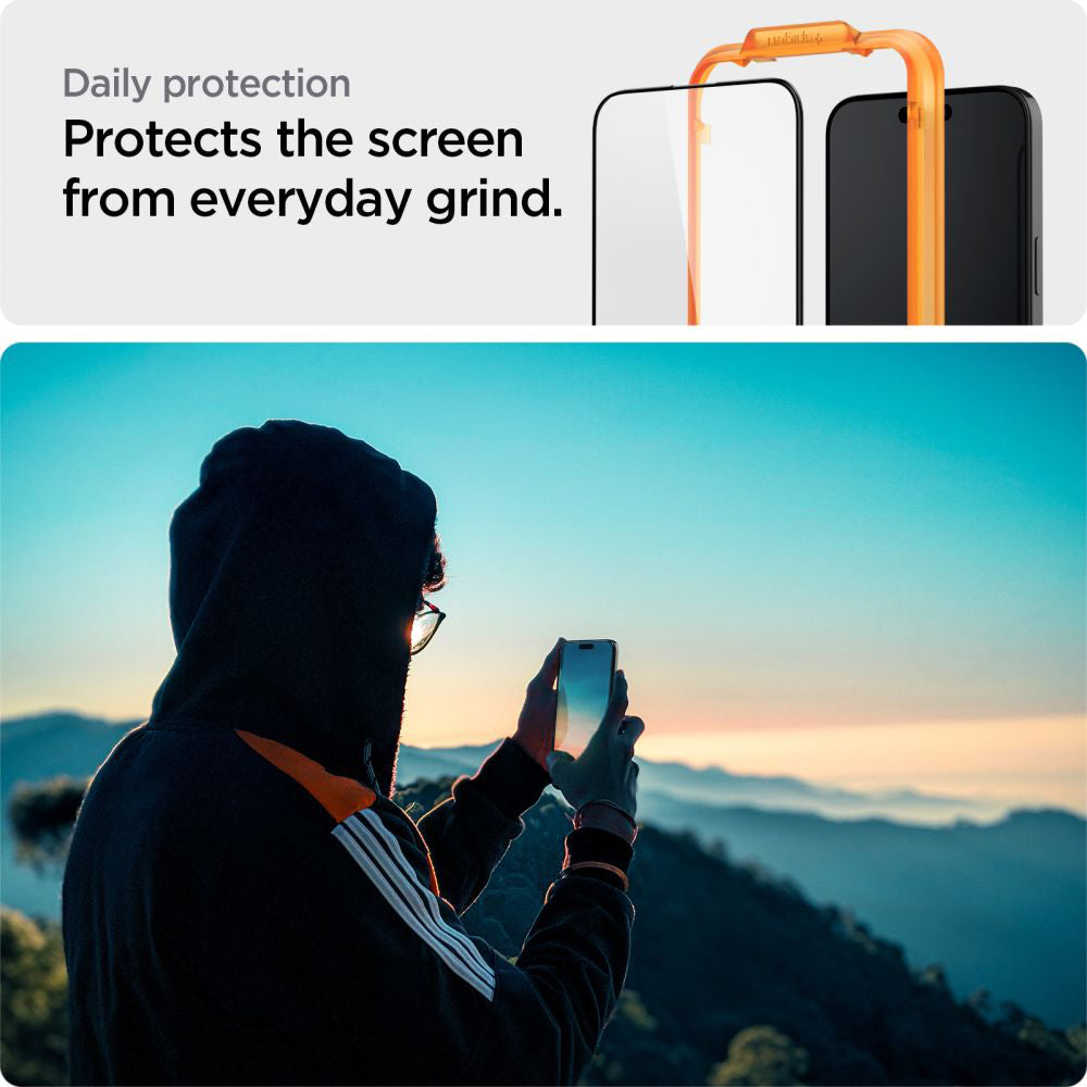 Folie de protectie Ecran Spigen GlastR Align Master pentru Apple iPhone 15, Sticla Securizata, Full Glue, Set 2 bucati, Neagra AGL06906