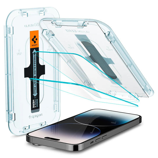 Folie de protectie Ecran Spigen GlastR EZ FIT pentru Apple iPhone 14 Pro, Sticla Securizata, Full Glue, Set 2 bucati