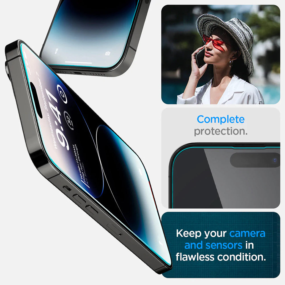Folie de protectie Ecran Spigen GlastR EZ FIT pentru Apple iPhone 14 Pro, Sticla Securizata, Full Glue, Set 2 bucati