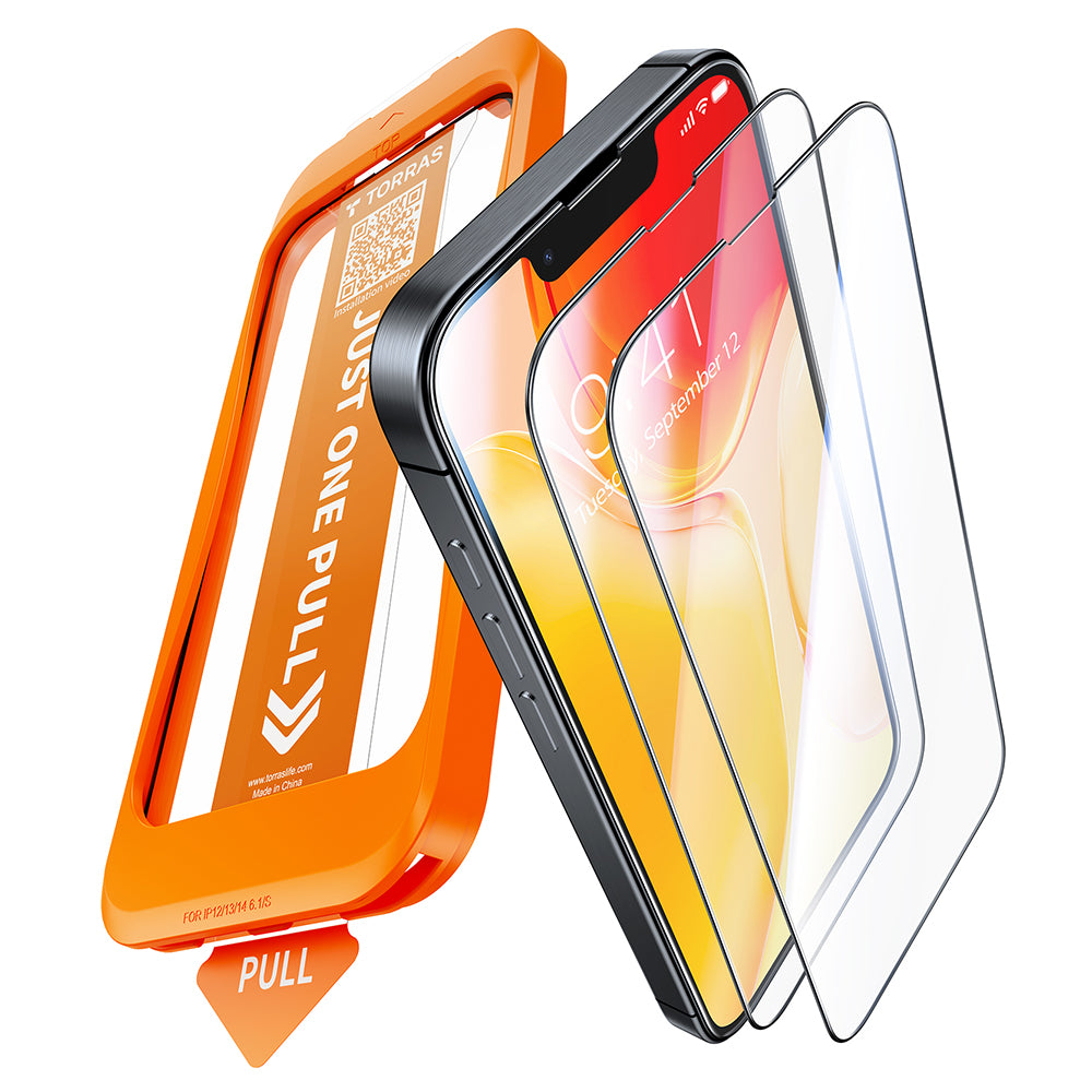 Folie de protectie Ecran Torras GlassGo Install Master pentru Apple iPhone 17e / 16e / 14 / 13 Pro, Sticla Securizata, Full Glue, Set 2 bucati