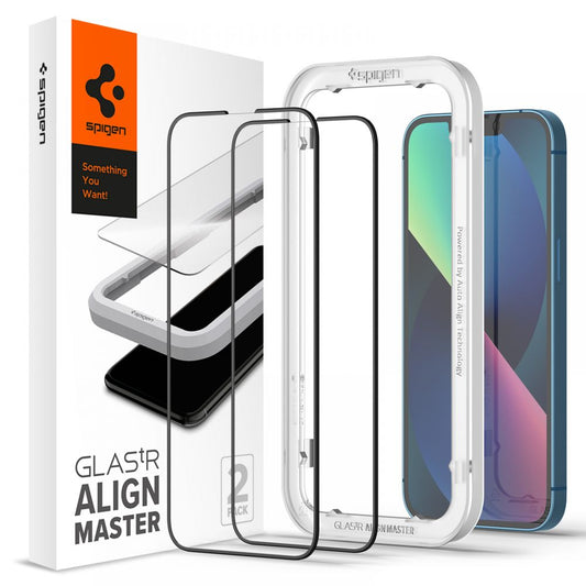 Folie de protectie Ecran Spigen GlastR Align Master pentru Apple iPhone 16e / 14, Sticla Securizata, Full Glue, Set 2 bucati, Neagra AGL03387