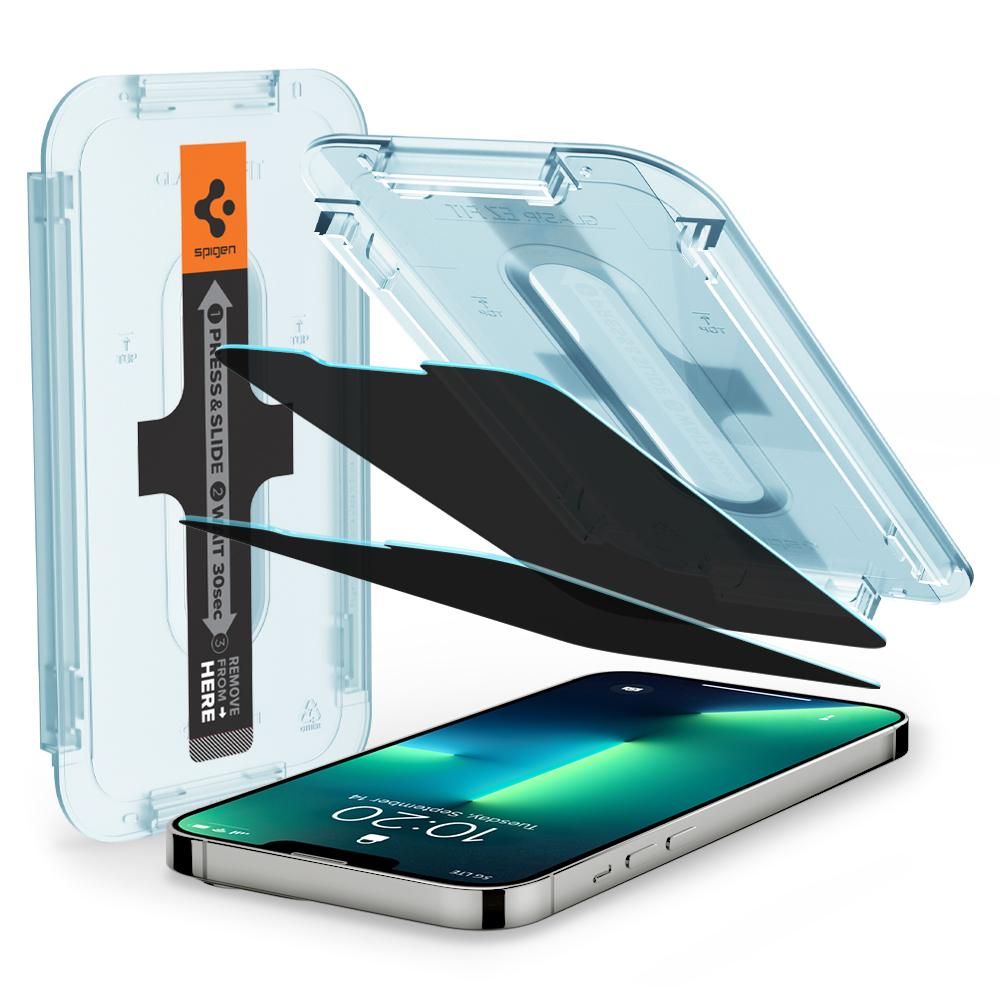 Folie de protectie Ecran Privacy Spigen GlastR EZ FIT pentru Apple iPhone 14 Plus / 13 Pro Max, Sticla Securizata, Full Glue, Set 2 bucati AGL03378