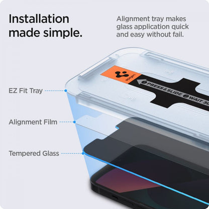 Folie de protectie Ecran Privacy Spigen GlastR EZ FIT pentru Apple iPhone 17e / 16e / 14 / 13 Pro, Sticla Securizata, Full Glue, Set 2 bucati AGL03388