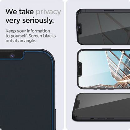 Folie de protectie Ecran Privacy Spigen GlastR EZ FIT pentru Apple iPhone 17e / 16e / 14 / 13 Pro, Sticla Securizata, Full Glue, Set 2 bucati AGL03388