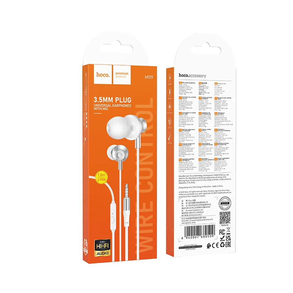 Handsfree 3.5mm HOCO M119, Argintiu
