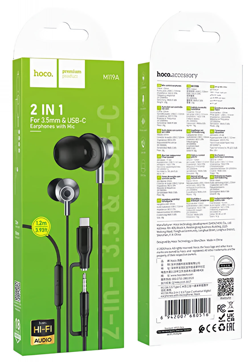 Handsfree 3.5mm / USB-C HOCO M119A, Negru