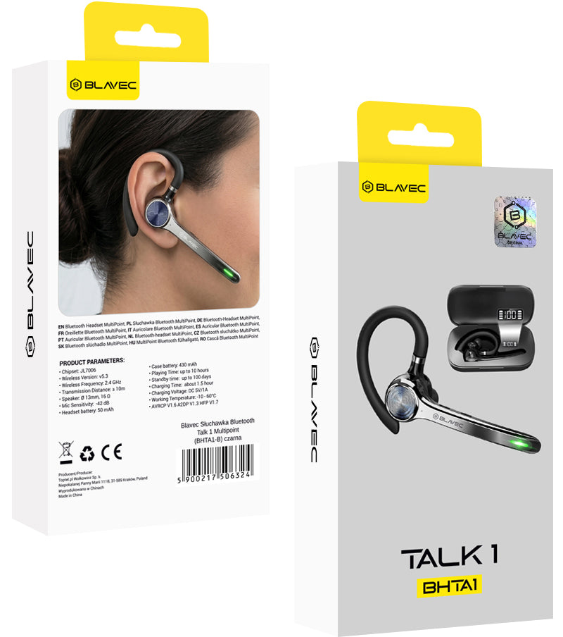 Handsfree Bluetooth Blavec Talk 1, MultiPoint, A2DP, Negru