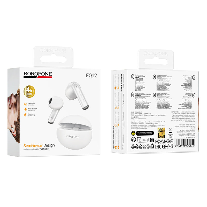 Handsfree Bluetooth Borofone FQ12 Nice, TWS, Alb