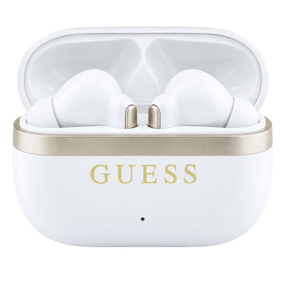 Handsfree Bluetooth Guess Glossy Gold Line Printed Classic Logo, TWS, Alb