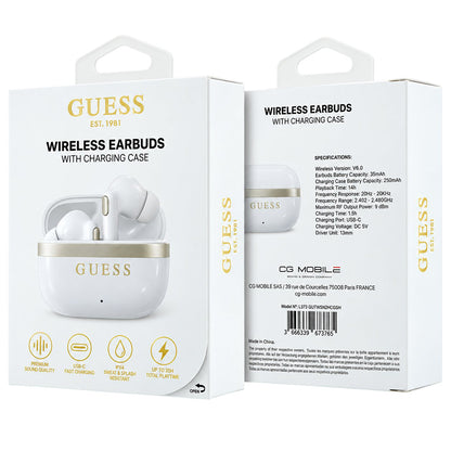 Handsfree Bluetooth Guess Glossy Gold Line Printed Classic Logo, TWS, Alb