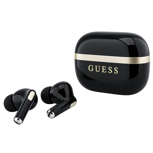 Handsfree Bluetooth Guess Glossy Gold Line Printed Classic Logo, TWS, Negru