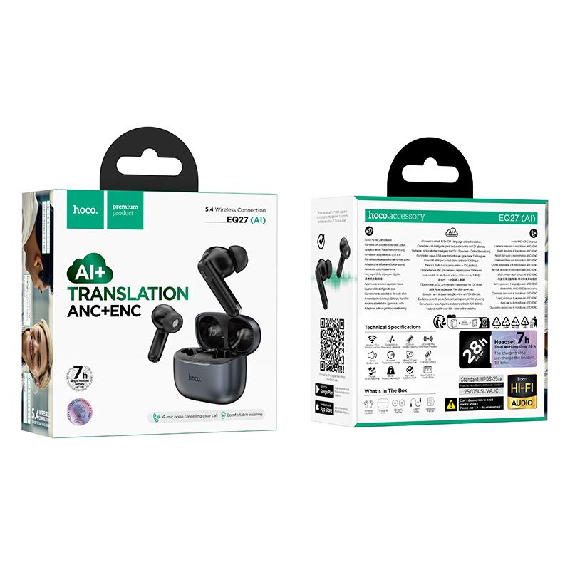 Handsfree Bluetooth HOCO EQ27 AI Translation, TWS, ANC, Gri