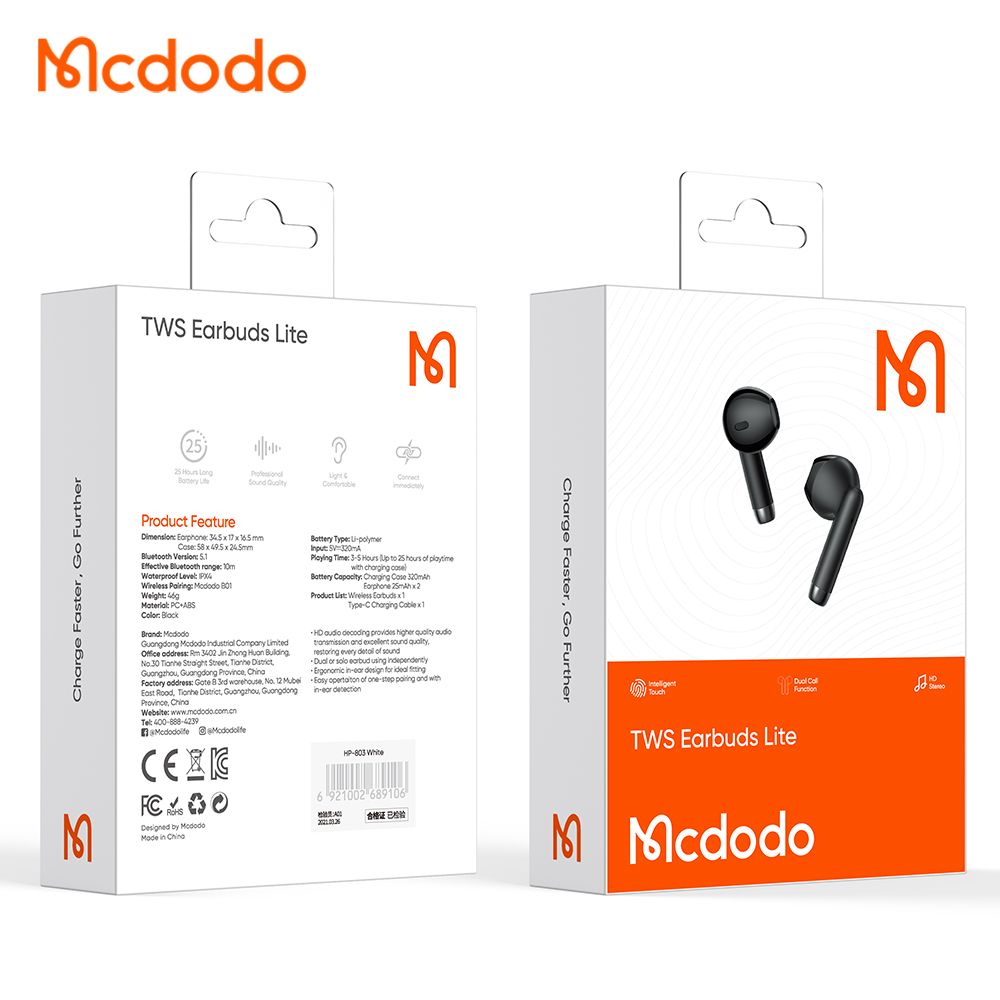 Handsfree Bluetooth McDodo HP-8031 B01, TWS, Negru