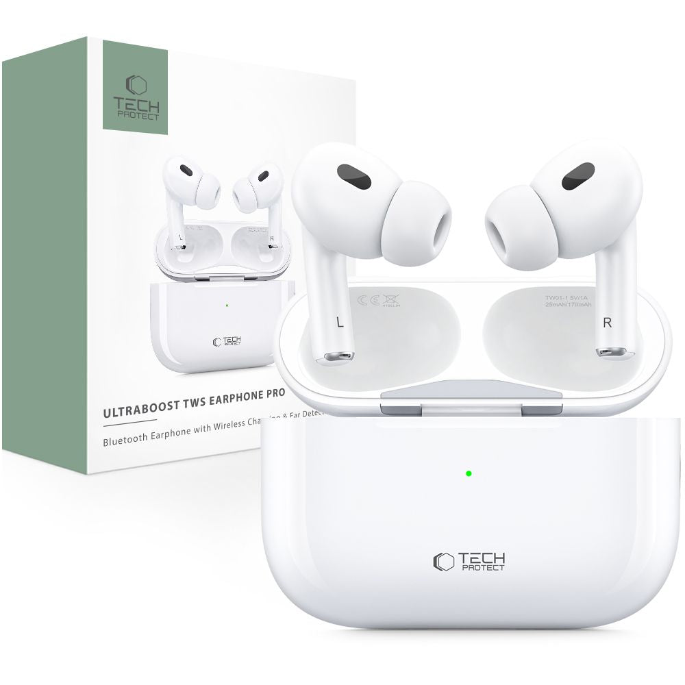 Handsfree Bluetooth Tech-Protect Ultraboost Pro, TWS, Alb