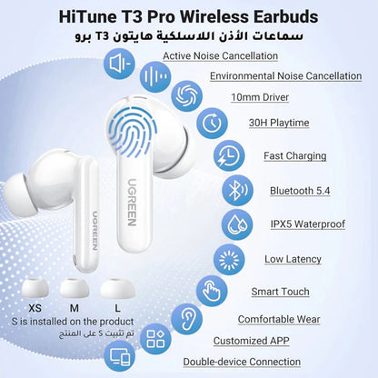 Handsfree Bluetooth UGREEN HiTune T3 Pro WS206, TWS, ANC, MultiPoint, Alb