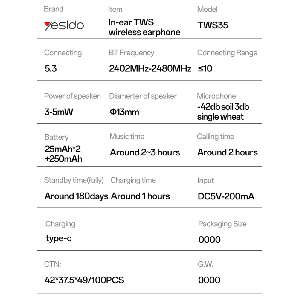 Handsfree Bluetooth Yesido TWS35, TWS, Alb