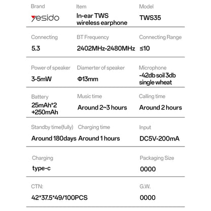 Handsfree Bluetooth Yesido TWS35, TWS, Alb