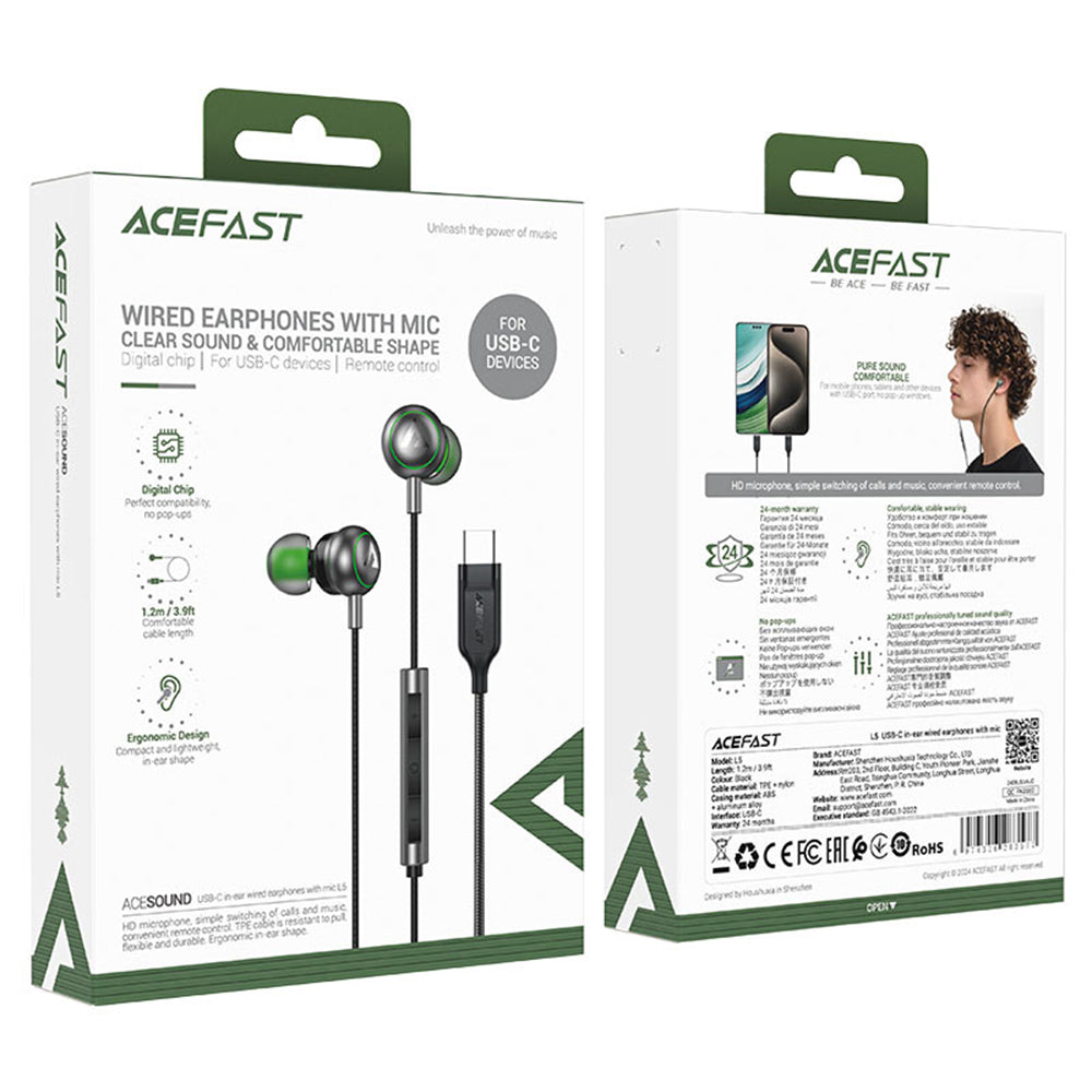 Handsfree USB-C Acefast L5, 1.2m, Negru