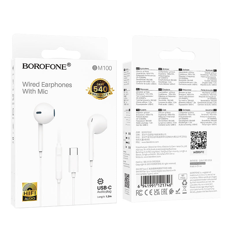 Handsfree USB-C Borofone BM100 Fuente, Alb