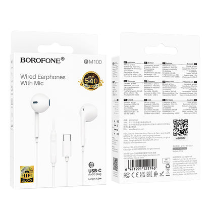 Handsfree USB-C Borofone BM100 Fuente, Alb