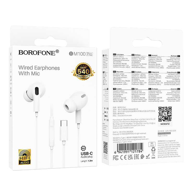 Handsfree USB-C Borofone BM100 Pro Fuente, Alb