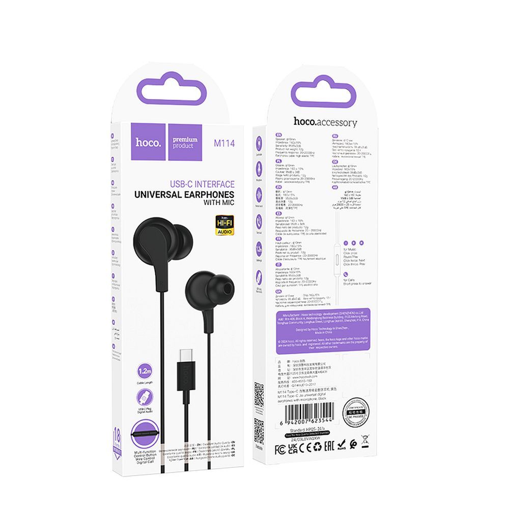 Handsfree USB-C HOCO M114, Negru
